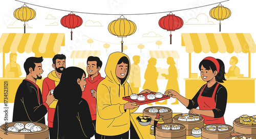 Chinese Lunar New Year Street Food Vendor Serving Dumplings to Customers at Market