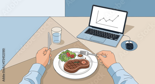 Conceptual illustration of a businessperson having a steak lunch while analyzing business charts