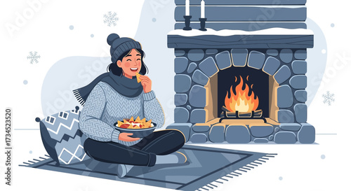 Cozy winter evening illustration with woman by the fireplace enjoying snacks and relaxation