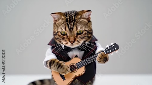 Tabby Cat In Formal Attire Holding A Miniature Guitar Against Neutral Backdrop