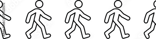 Walking motion stick figure illustration, human gait cycle, animation reference, biomechanics concept, stylized character movement, educational drawing, cartoon walking sequence