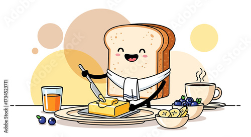 Cute bread character spreading butter on toast with juice coffee and fruit illustration