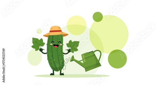 Cute cucumber cartoon character with a hat holding leaves and watering plants illustration