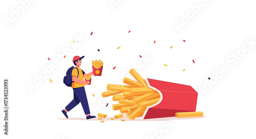 Delivery guy with backpack and fries in his hands with spilled fries on the ground