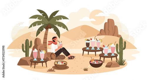 Desert oasis relaxation with refreshing drinks and a tranquil setting illustration