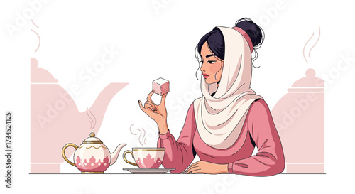 Elegant arab woman in hijab enjoying a delightful tea time with traditional sweets illustration