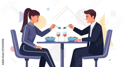 Elegant couple enjoys a romantic dinner illustration with abstract background