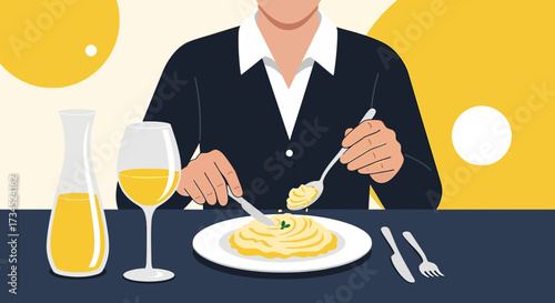 Elegant dining experience featuring person enjoying gourmet dish with wine pairing illustration