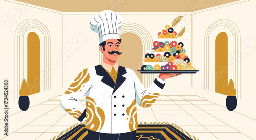 Elegant Pastry Chef Displaying a Towering Donut Cake in a Stylish Interior Setting