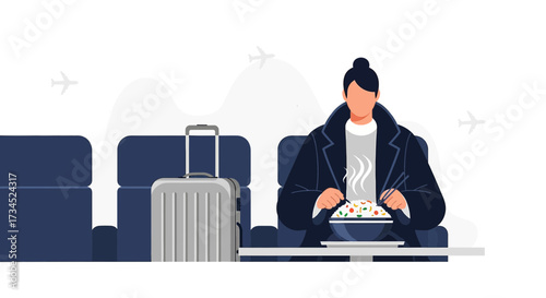 Elegant traveler enjoying a gourmet meal on a luxurious flight with stunning sky views