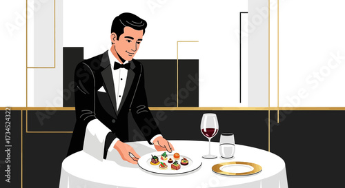 Elegant waiter in tuxedo serving gourmet appetizers at luxurious fine dining event experience