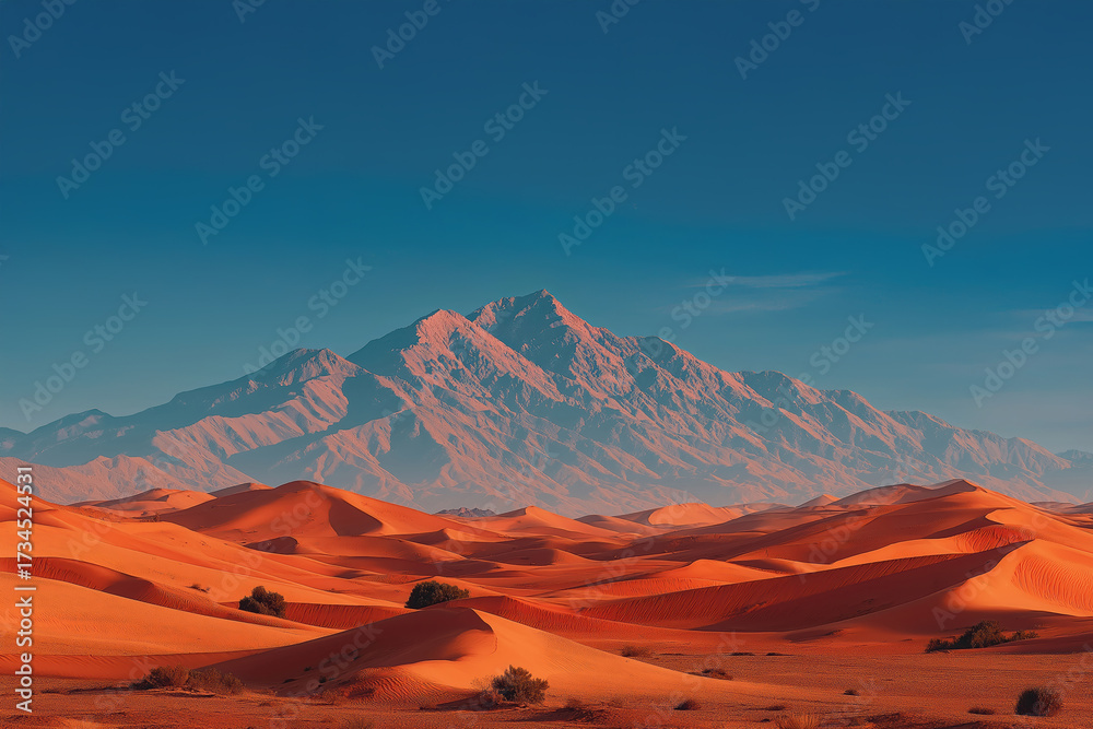Fototapeta premium Desert sand dunes with distant rugged mountains