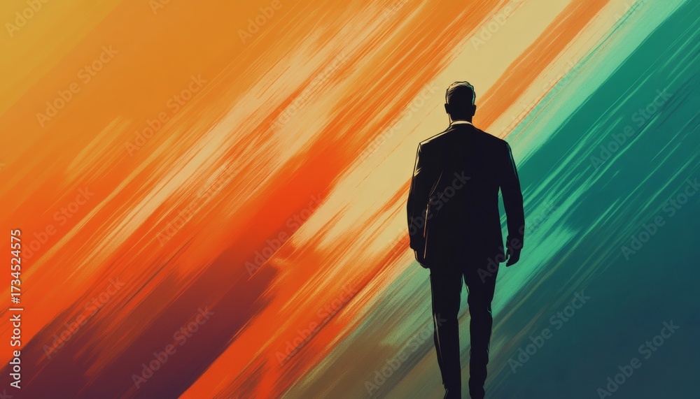 Fototapeta premium The illustration shows a man in a suit walking away from the viewer, set against a dynamic background of orange and teal brushstrokes.