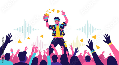 Enthusiastic crowd cheering for a man throwing snacks at a vibrant party scene illustration