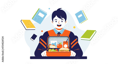 Enthusiastic student preparing for school with a healthy lunch and books floating around