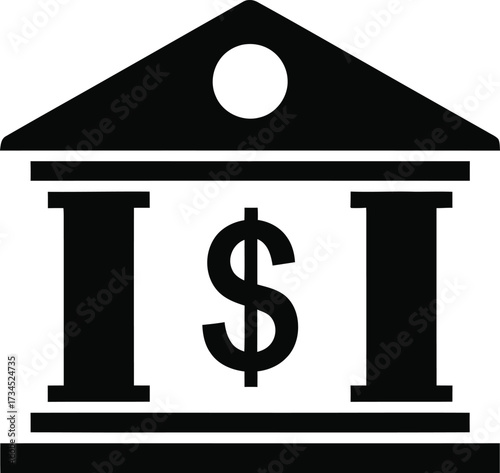 Simple black silhouette icon of a bank building with a dollar sign