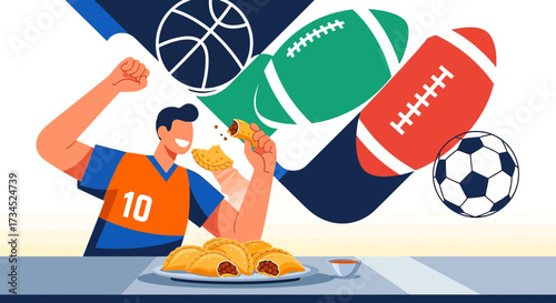Enthusiastic sports fan celebrating with empanadas vector illustration design 77 characters