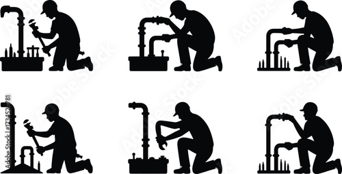 Silhouette of plumber worker fixing industrial water pipes with wrench, plumbing maintenance service, construction labor, repair job, pipeline engineering, utility repair illustration, industry