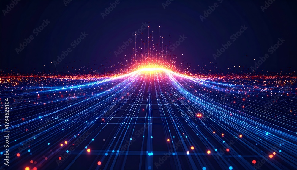 Fototapeta premium An abstract digital landscape features glowing blue and orange data streams converging towards a brilliant, central light source, symbolizing technological flow and connectivity.