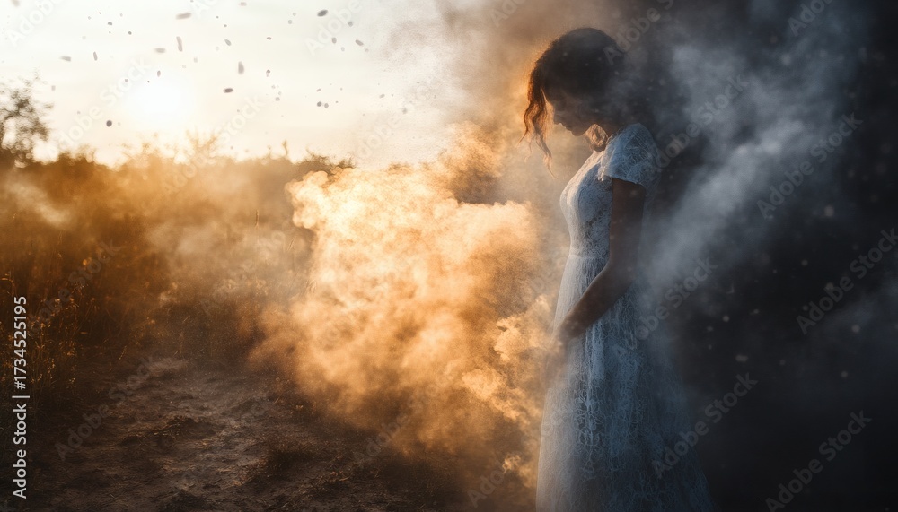 Obraz premium A woman wearing a white lace dress is surrounded by a cloud of golden dust outdoors in a field of brown grass and dirt.