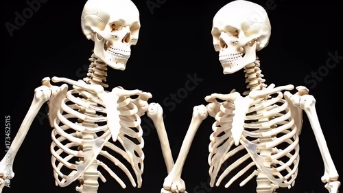 Two Anatomical Skeletal Models Facing Each Other in Front of a Black Background with Neutral Lighting