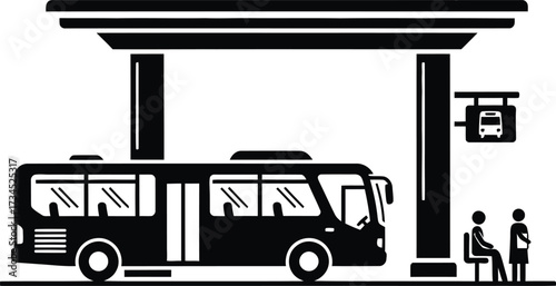 Black and white illustration of a bus at a bus stop with people waiting