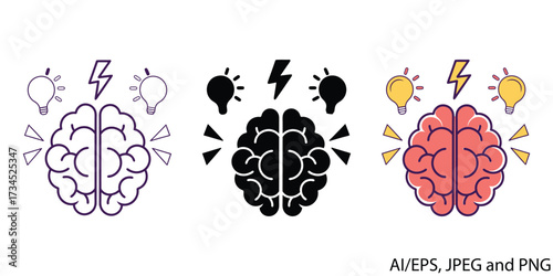 Brainstorming icon set showing ideas and creative thinking with lightning bolts vector