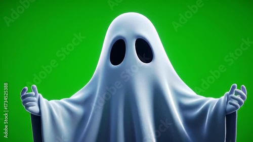 White Ghost Figure with Black Eyes and Arms Wide Open Against Green Background