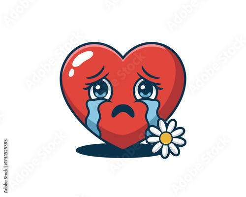 Sad heart crying with a flower isolated on white background