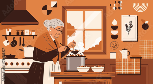 Grandma's kitchen cozy and retro illustration featuring food preparation with a touch of nostalgia