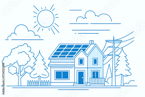 Solar powered house with rooftop panels and trees in eco friendly landscape line art illustration