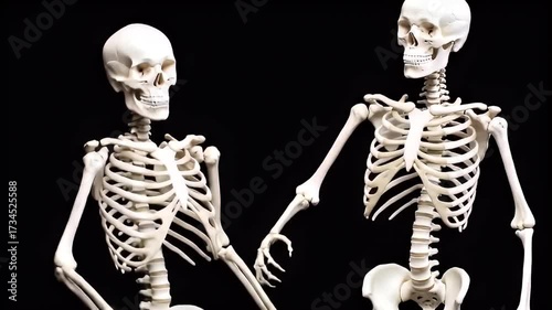 Two Human Skeletons Interacting Against Black Background Studio Lighting