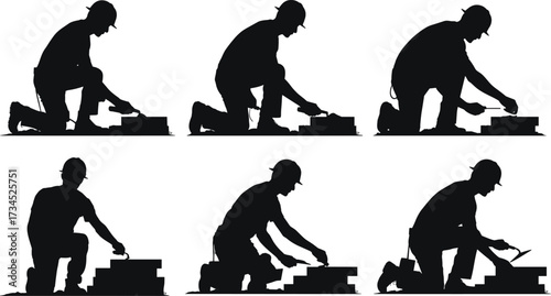 Silhouette of construction workers laying bricks with trowel, masonry labor, building wall, civil engineering work, bricklayer job, construction site industry, industrial workforce illustration
