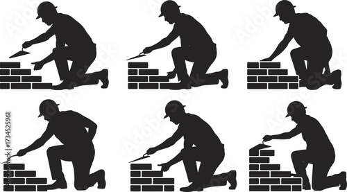 Silhouette of construction workers laying bricks, masonry labor with trowel, building wall, bricklayer job, civil engineering, construction site work, industrial illustration, workforce teamwork