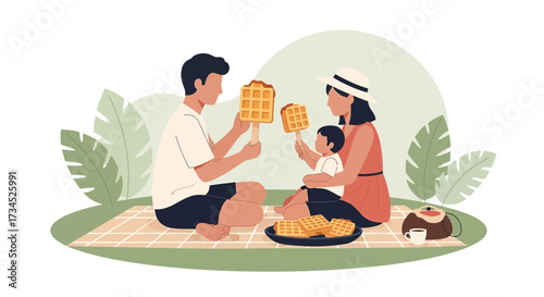 Happy family enjoying a picnic with delicious waffles in a park setting illustration
