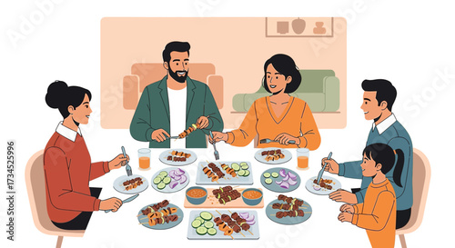 Happy family enjoying a delicious meal of grilled skewers together at home illustration