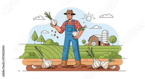 Happy farmer holding freshly harvested onions on a sunny day at the farm illustration
