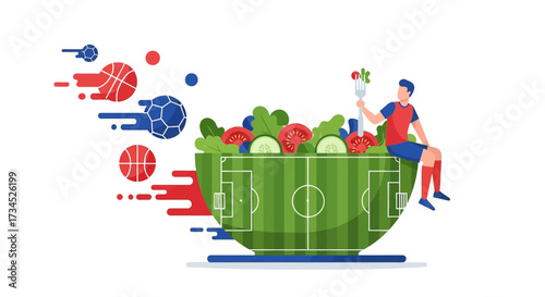 Healthy lifestyle with salad bowl sports field and player promoting wellness and fitness combining