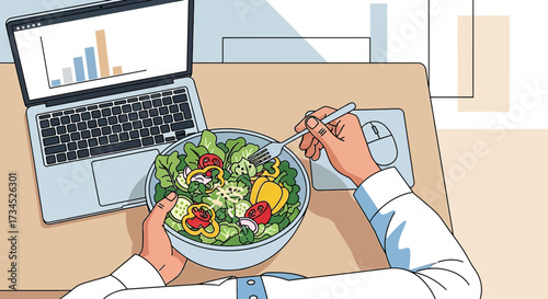 Healthy lunch at work: Person enjoying a salad during their busy day at the office