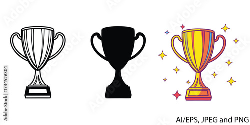 A collection of three trophy illustrations: a line drawing, a silhouette, and a colorful, sparkling award vector