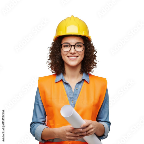 Wallpaper Mural Smiling female construction worker wearing yellow hard hat and orange safety vest holding blueprints isolated on transparent background Torontodigital.ca