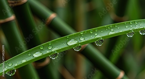 Close-up view of a blade of grass, glistening with raindrops, set against a backdrop of out-of-focus bamboo stalks.  The vibrant greens and subtle light create a serene and peaceful atmosphere.