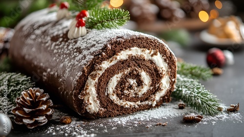 Sweet and elegant French Yule log cake Bûche de Noël with vanilla cream and festive decorations. Photo for holiday menus, cookbooks and recipe blog.