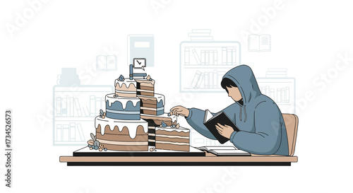 Illustration depicting a student studying in a library with a cake symbolizing knowledge pursuit