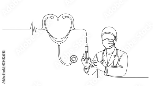 Healthcare and Vaccination – Continuous One-Line Illustration of Stethoscope Heart, Doctor with Syringe, Preventative Care – Minimalist Black Line Art