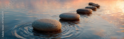 Stepping stones across calm water at sunset, serene and peaceful