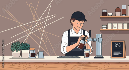 Illustration of a barista pouring cold brew coffee at a stylish coffee shop counter