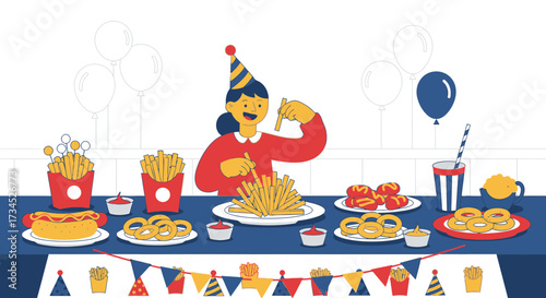Illustration of a Birthday Party with a Person Eating Fries with Balloons and Various Foods