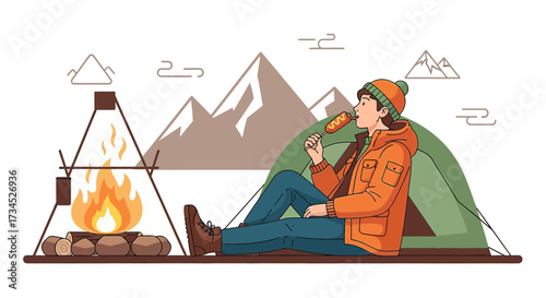 Illustration of a camper enjoying a campfire treat in front of a mountain range scene