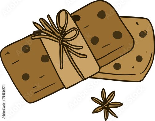 A hand-drawn illustration of spiced cookies tied with string, accompanied by a star anise for a festive, homemade touch.